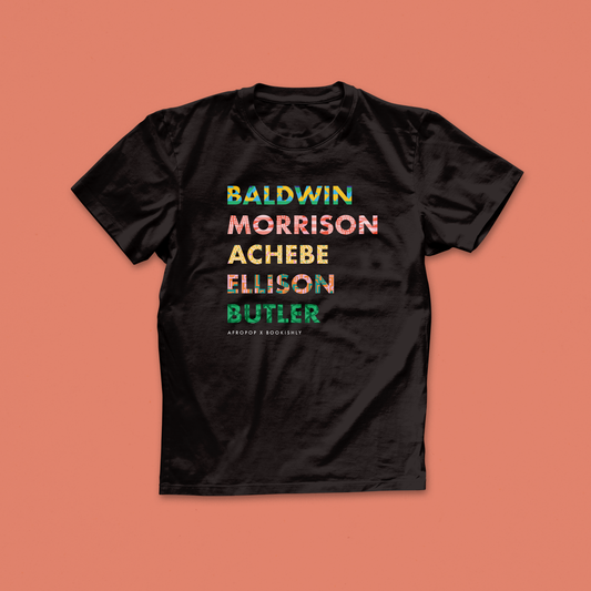 List of Black Authors t-shirt including 'Baldwin, Morrison, Achebe, Ellison, Butler'. Designed in collaboration with Afropop. Featuring block text with patterns inspired by African Heritage. Gifts for Book lover, bookworms, readers and bibliophiles. In support of black history month.