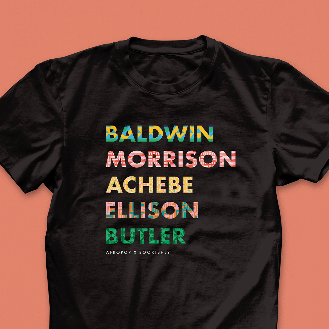 List of Black Authors t-shirt including 'Baldwin, Morrison, Achebe, Ellison, Butler'. Designed in collaboration with Afropop. Featuring block text with patterns inspired by African Heritage. Gifts for Book lover, bookworms, readers and bibliophiles. In support of black history month.