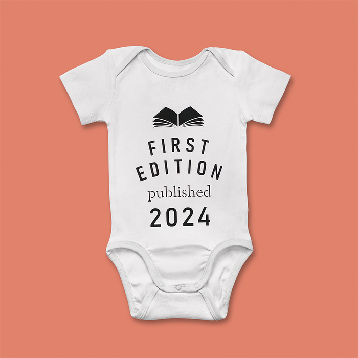 'First Edition published 2024' Bookish Babygrow for literature loving new parents. Baby clothes for book lover, bookworm, reader and bibliophiles.