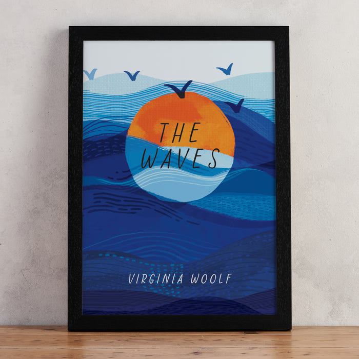 The Waves by Virginia Woolf Exclusive Bookishly Print. Orange sun coming up over the waves of the ocean. hand drawn Illustration for book lovers, bookworm, reader or bibliophile.