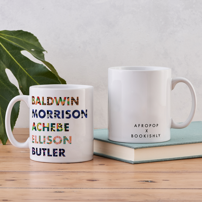 List of Black Authors mug supporting Black History Month and literature. Including 'Baldwin, Morrison, Achebe, Ellison, Butler'. Bookishly in collaboration with Afropop, an fashion company inspired by African Culture.