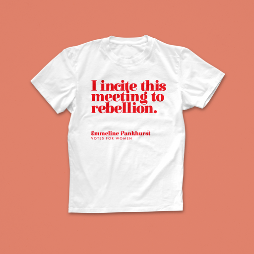 Feminist T Shirt ‘I Incite This Meeting To Rebellion’ in Red and White