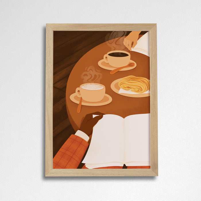 Art print of people reading in book scenes. Inspired by booktok and bookstagram. Perfect for book lovers, bookworms, reader and bibliophiles. Reading in a cafe. Bookishly. Bookshelf decor. Cosy Home living. Natural Frame.