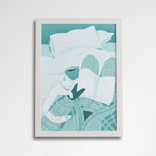 Art print of people reading in book scenes. Inspired by booktok and bookstagram. Perfect for book lovers, bookworms, reader and bibliophiles. Reading in bed. Bookishly. Bookshelf decor. Cosy Home living. White Frame.