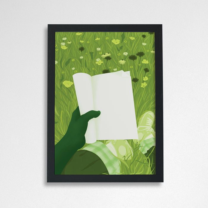 Reading in the garden. Reading outdoors. Outdoor living. Art print for readers, book lovers, bookworms, bibliophiles. Prints by Bookishly. Wooden Black Frame. 