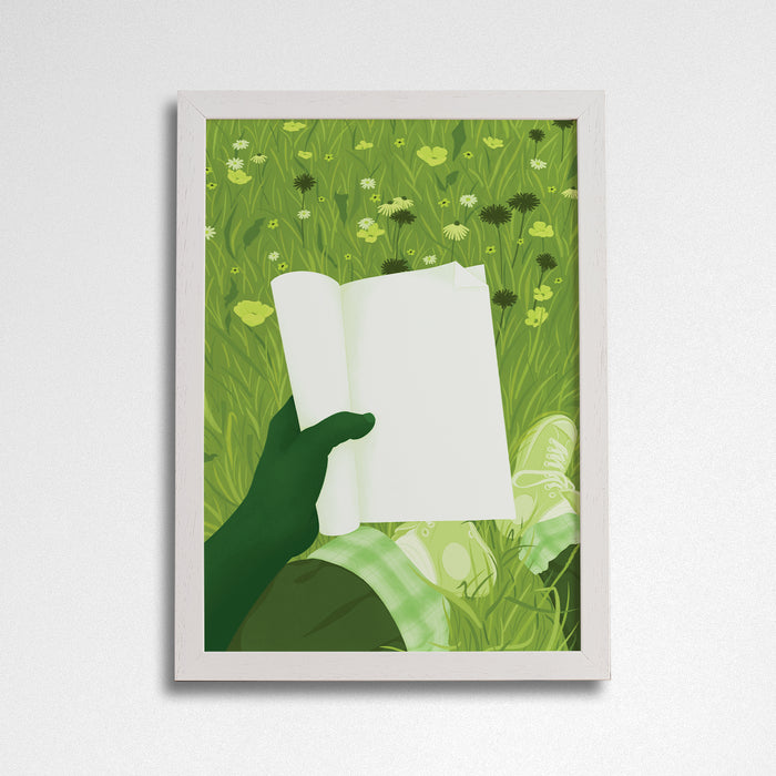 Reading in the garden. Reading outdoors. Outdoor living. Art print for readers, book lovers, bookworms, bibliophiles. Prints by Bookishly. Wooden White Frame. 