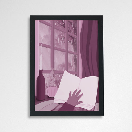 Art print of people reading in book scenes. Inspired by booktok and bookstagram. Perfect for book lovers, bookworms, reader and bibliophiles. Reading in the rain. Bookishly. Bookshelf decor. Cosy Home living. Black Frame.