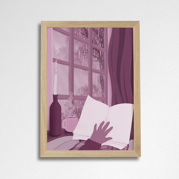 Art print of people reading in book scenes. Inspired by booktok and bookstagram. Perfect for book lovers, bookworms, reader and bibliophiles. Reading in the rain. Bookishly. Bookshelf decor. Cosy Home living.  Natural Frame.