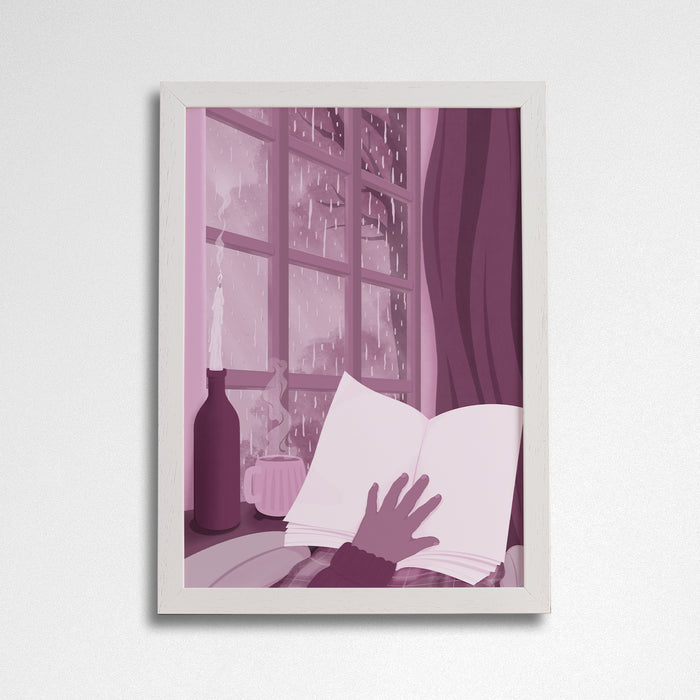 Art print of people reading in book scenes. Inspired by booktok and bookstagram. Perfect for book lovers, bookworms, reader and bibliophiles. Reading in the rain. Bookishly. Bookshelf decor. Cosy Home living.  White Frame.