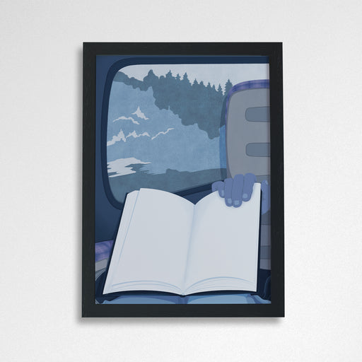 Art print of people reading in book scenes. Inspired by booktok and bookstagram. Perfect for book lovers, bookworms, reader and bibliophiles. Reading on the train. Bookishly. Bookshelf decor. Black Frame.