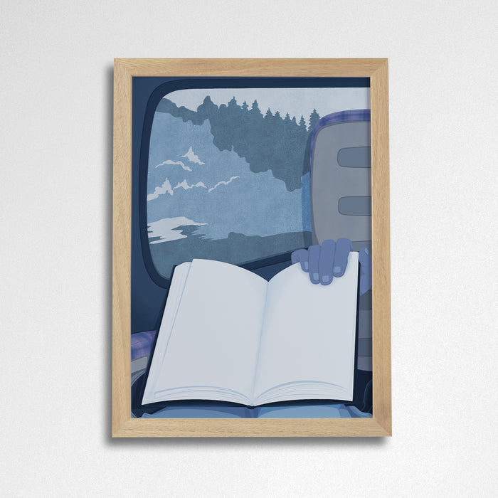 Art print of people reading in book scenes. Inspired by booktok and bookstagram. Perfect for book lovers, bookworms, reader and bibliophiles. Reading on the train. Bookishly. Bookshelf decor. Natural Frame.