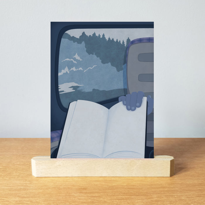 Postcard set of people reading in book scenes. Inspired by booktok and bookstagram. Perfect for book lovers, bookworms, reader and bibliophiles. Reading on the train. Bookishly postcard set. Postcard art. Bookshelf decor.