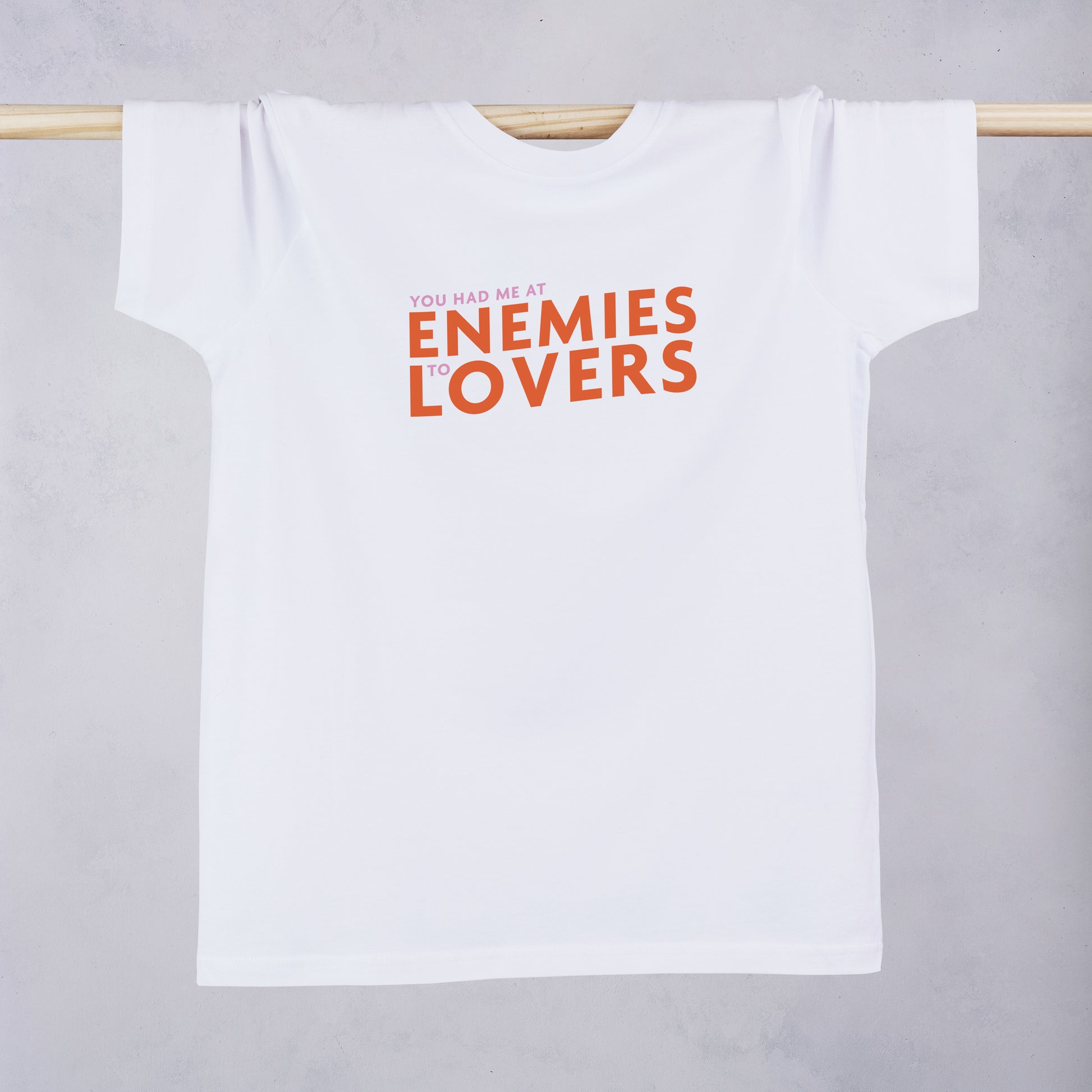 'You had me at enemies to lovers' book lover t shirt, designed by Bookishly. Gift for bookworm, readers and bibliophiles.