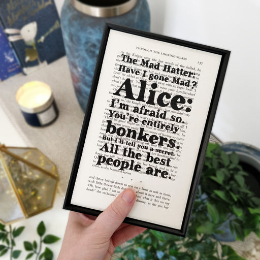 Alice in Wonderland Book Page Print. Art print. The Mad Hatter Gift. Bonkers. Home decor for readers. Perfect for book lovers, bookworms, bibliophiles and readers. Lewis Carroll.