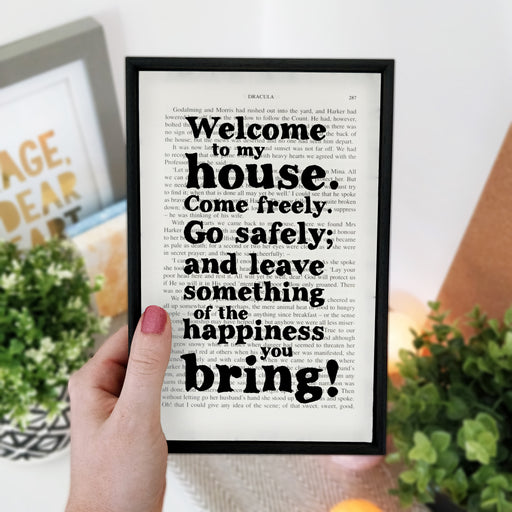 Welcome to our home print with quotes from bram stoker's dracula 'welcome to my house. come freely. go safely'. Book page art. Home decor for readers. Perfect for book lovers, bookworms, bibliophiles and readers.