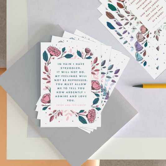 Jane Austen Postcard Set - Beautiful Book Quote Postcards - Pack of Six