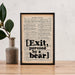 William Shakespeare gifts 'exit, pursued by a bear' framed book page print.  Perfect for book lovers, bookworms, bibliophiles and readers making beautiful bookshelf or library decor. Bookishly.